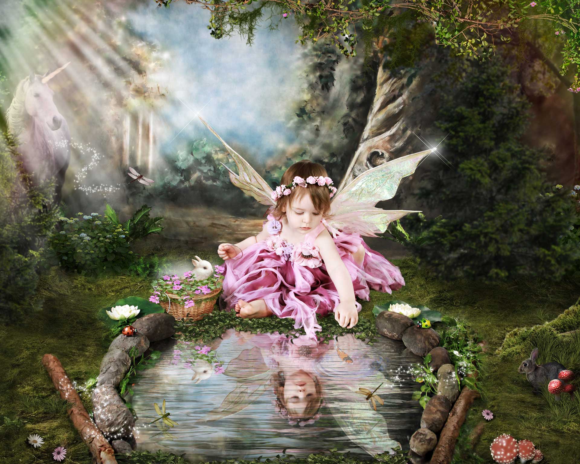 Little girl fairy by a pond in a magical forest