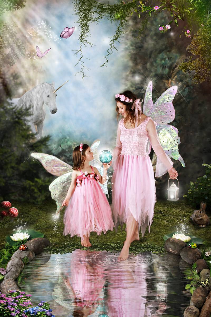 In a magical, enchanted forest, a mother and her daughter stand by a pond