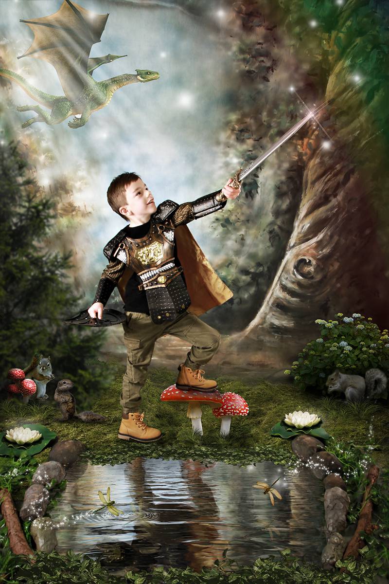 A young male knight is near a pond in an enchanted forest